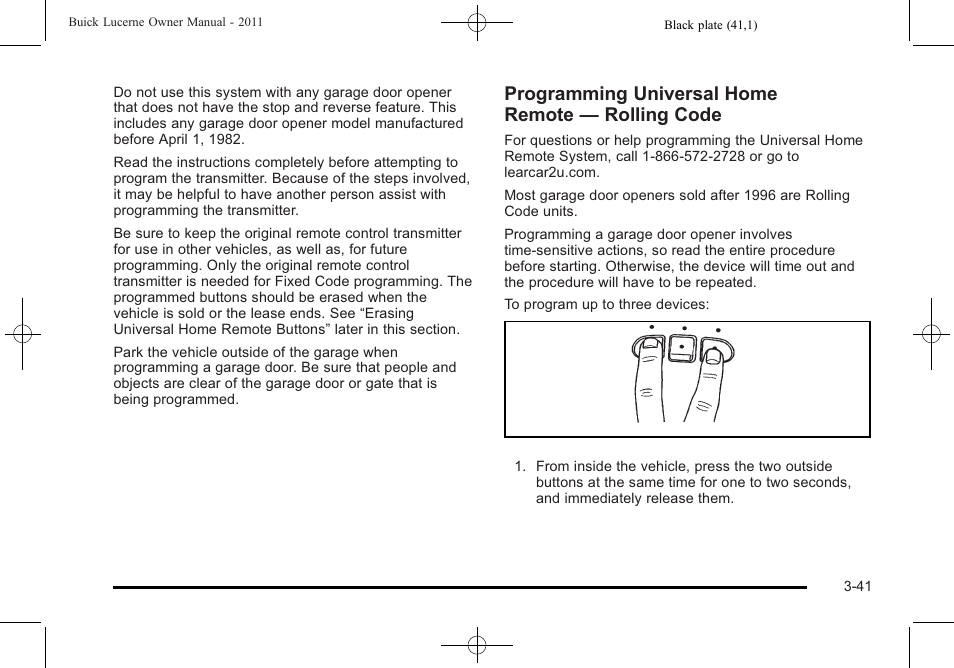 Programming universal home remote — rolling code | Buick 2011 Lucerne User Manual | Page 147 / 446