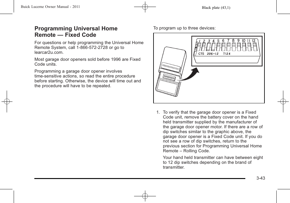 Programming universal home remote — fixed code | Buick 2011 Lucerne User Manual | Page 149 / 446