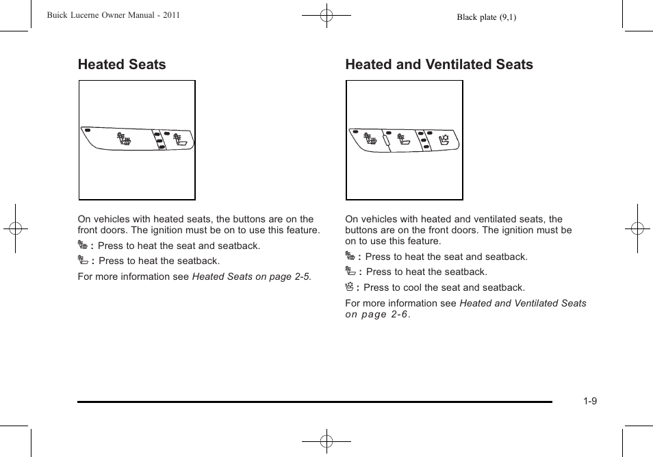 Heated seats, Heated and ventilated seats, Heated seats -9 heated and ventilated seats -9 | Buick 2011 Lucerne User Manual | Page 15 / 446