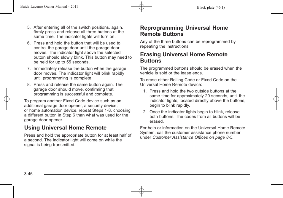 Using universal home remote, Reprogramming universal home remote buttons, Erasing universal home remote buttons | Buick 2011 Lucerne User Manual | Page 152 / 446