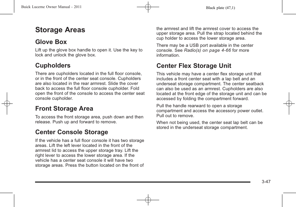 Storage areas, Glove box, Cupholders | Front storage area, Center console storage, Center flex storage unit, Storage areas -47 | Buick 2011 Lucerne User Manual | Page 153 / 446
