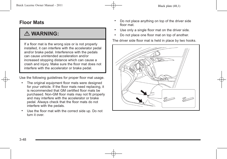 Floor mats, Mats -48, Warning | Buick 2011 Lucerne User Manual | Page 154 / 446