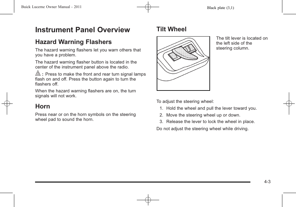 Instrument panel overview, Hazard warning flashers, Horn | Tilt wheel, Instrument panel overview -3, Windshield wiper blade replacement -54, Hazard warning flashers -3 horn -3 tilt wheel -3 | Buick 2011 Lucerne User Manual | Page 159 / 446