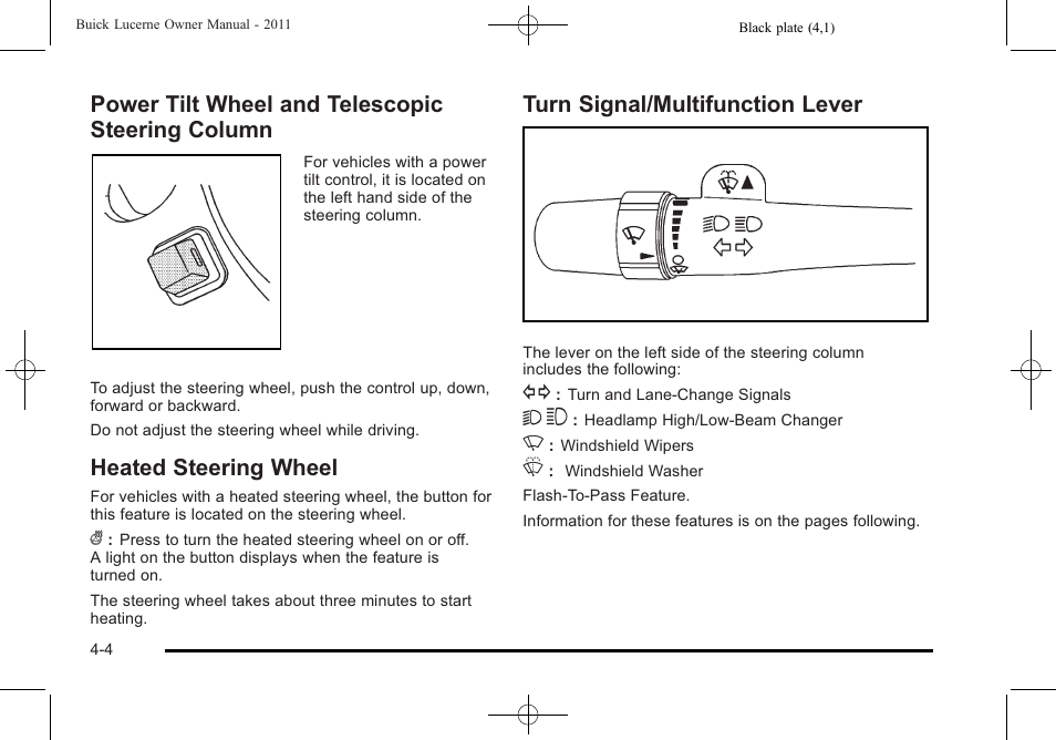 Power tilt wheel and telescopic steering column, Heated steering wheel, Turn signal/multifunction lever | Power tilt wheel and telescopic steering, Column -4 | Buick 2011 Lucerne User Manual | Page 160 / 446