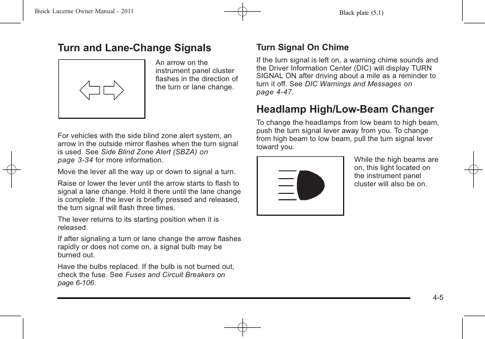 Turn and lane-change signals, Headlamp high/low-beam changer | Buick 2011 Lucerne User Manual | Page 161 / 446