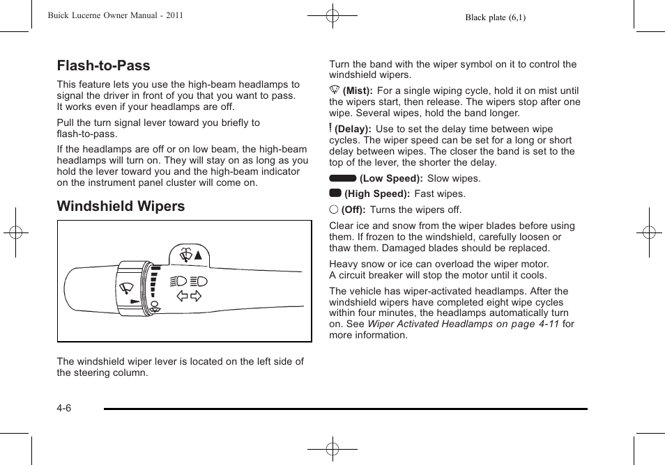 Flash-to-pass, Windshield wipers, Flash-to-pass -6 windshield wipers -6 | Buick 2011 Lucerne User Manual | Page 162 / 446