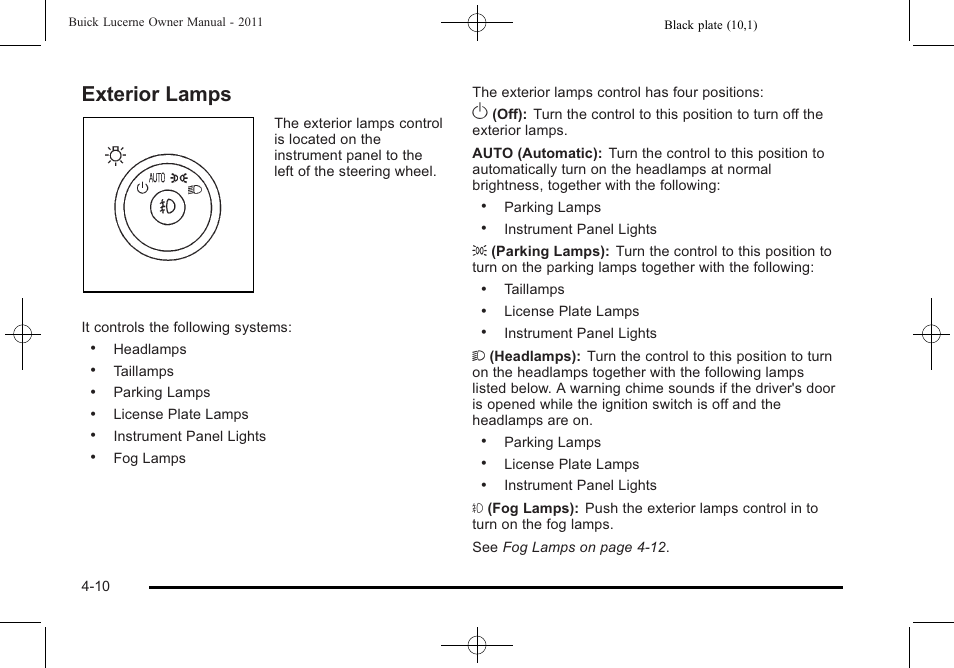 Exterior lamps, Exterior lamps -10 | Buick 2011 Lucerne User Manual | Page 166 / 446