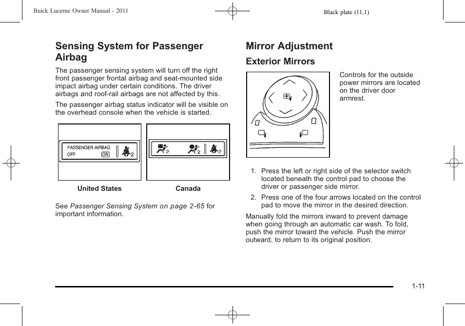 Sensing system for passenger airbag, Mirror adjustment, Exterior mirrors | Buick 2011 Lucerne User Manual | Page 17 / 446