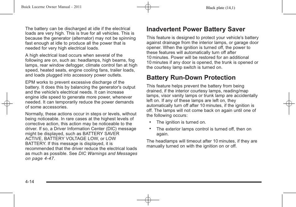 Inadvertent power battery saver, Battery run-down protection | Buick 2011 Lucerne User Manual | Page 170 / 446