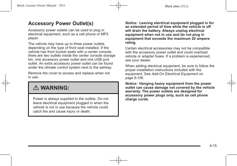 Accessory power outlet(s), Accessory power outlet(s) -15, Warning | Buick 2011 Lucerne User Manual | Page 171 / 446