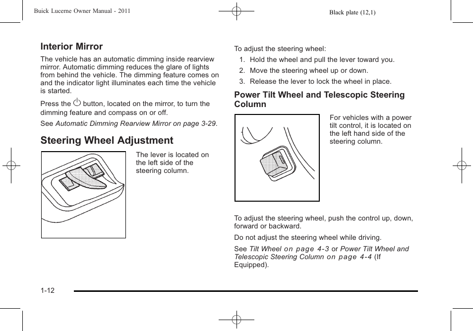 Steering wheel adjustment, Steering wheel adjustment -12, Interior mirror | Buick 2011 Lucerne User Manual | Page 18 / 446