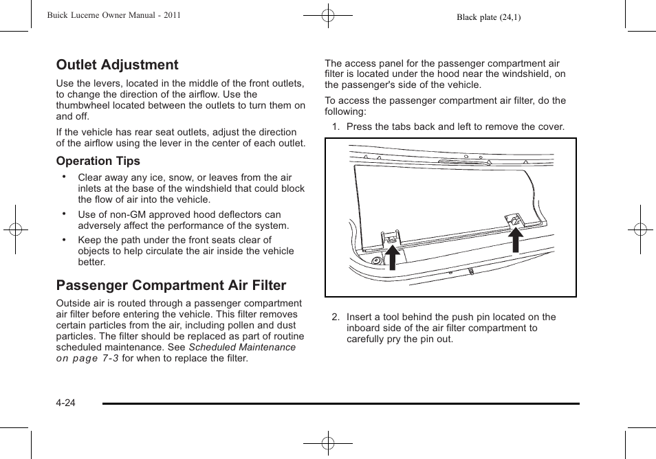 Outlet adjustment, Passenger compartment air filter | Buick 2011 Lucerne User Manual | Page 180 / 446