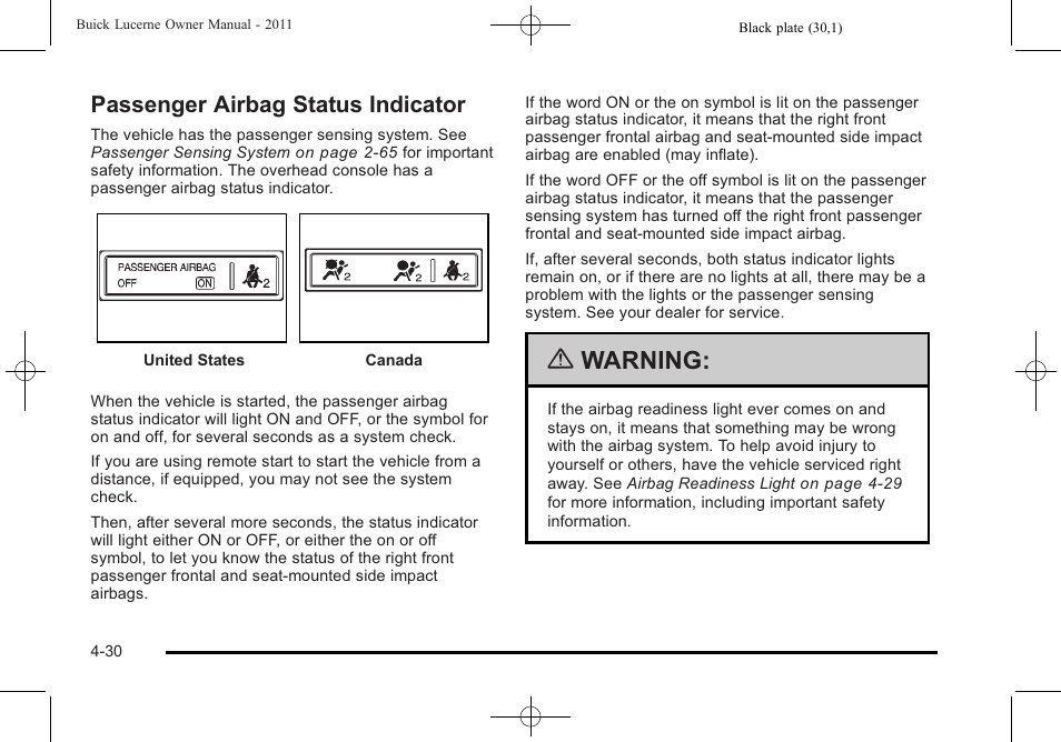 Passenger airbag status indicator, Passenger airbag status indicator -30, Warning | Buick 2011 Lucerne User Manual | Page 186 / 446