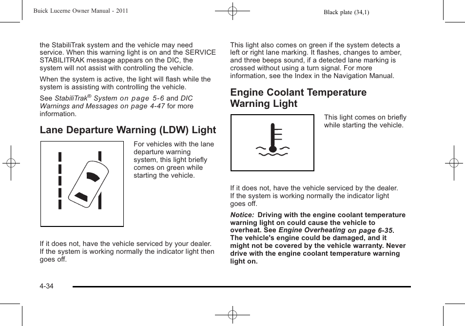 Lane departure warning (ldw) light, Engine coolant temperature warning light | Buick 2011 Lucerne User Manual | Page 190 / 446