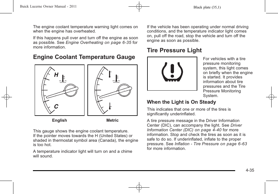 Engine coolant temperature gauge, Tire pressure light | Buick 2011 Lucerne User Manual | Page 191 / 446