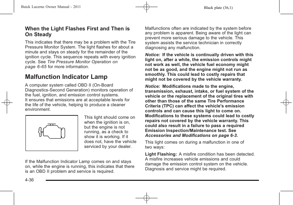 Malfunction indicator lamp, Malfunction, Malfunction indicator lamp -36 | Buick 2011 Lucerne User Manual | Page 192 / 446