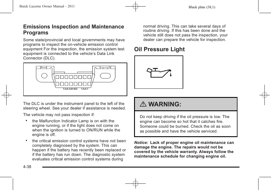 Oil pressure light, Oil pressure light -38, Warning | Emissions inspection and maintenance programs | Buick 2011 Lucerne User Manual | Page 194 / 446