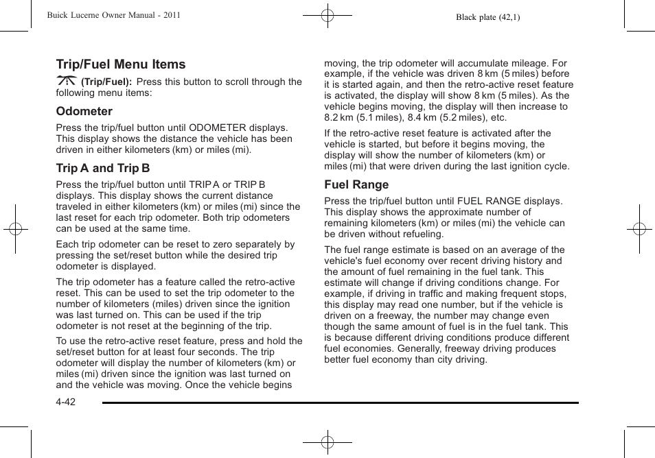 Trip/fuel menu items 3 | Buick 2011 Lucerne User Manual | Page 198 / 446