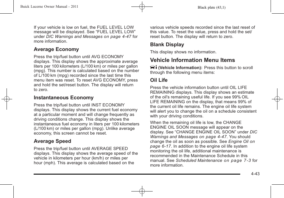 Vehicle information menu items t | Buick 2011 Lucerne User Manual | Page 199 / 446