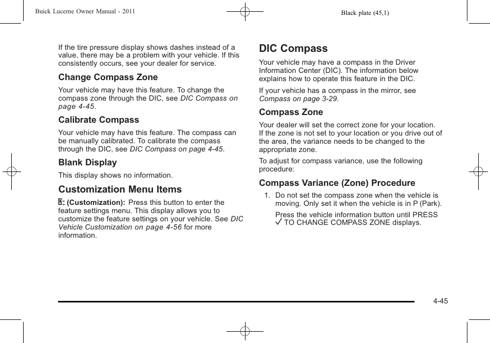 Dic compass, Dic compass -45, Customization menu items u | Buick 2011 Lucerne User Manual | Page 201 / 446