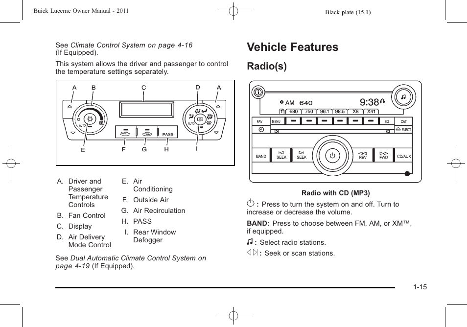 Vehicle features, Radio(s), Vehicle features -15 | Windows, Radio(s) -15 | Buick 2011 Lucerne User Manual | Page 21 / 446