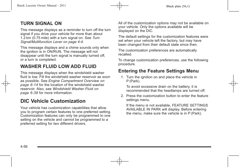 Dic vehicle customization, Dic vehicle customization -56, Turn signal on | Washer fluid low add fluid, Entering the feature settings menu | Buick 2011 Lucerne User Manual | Page 212 / 446