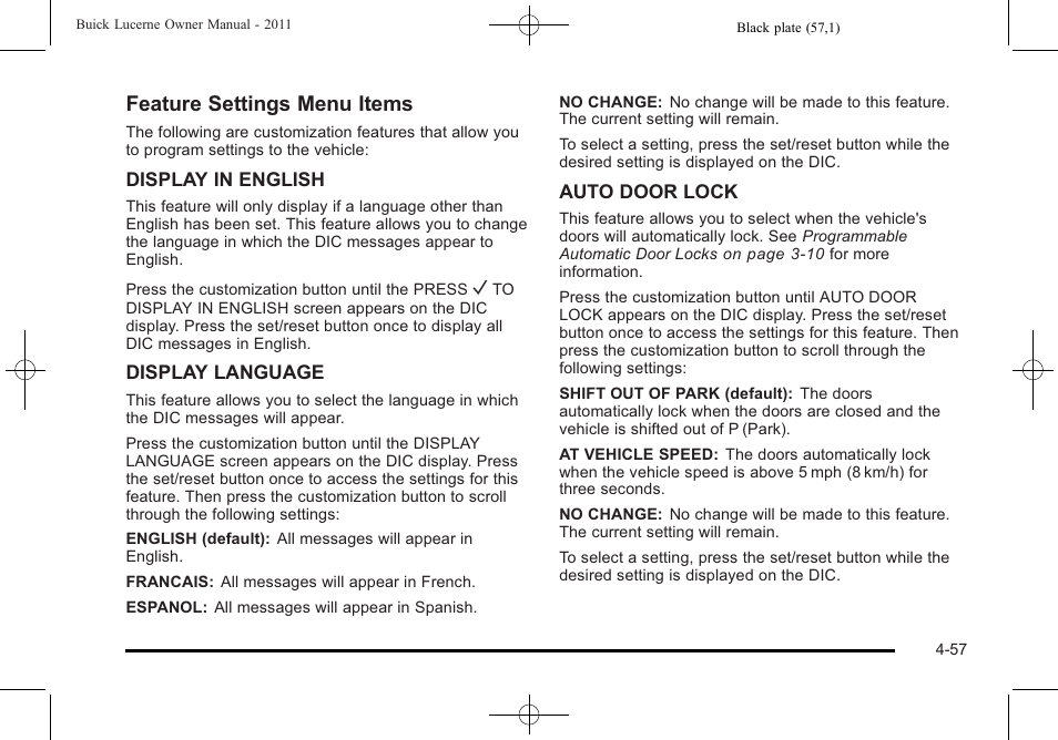 Feature settings menu items | Buick 2011 Lucerne User Manual | Page 213 / 446