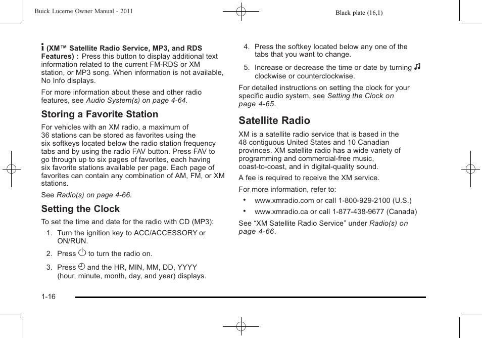 Satellite radio, Satellite radio -16, Storing a favorite station | Setting the clock | Buick 2011 Lucerne User Manual | Page 22 / 446