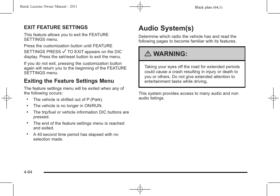 Audio system(s), Audio system(s) -64, Electrical system -106 | Warning, Exiting the feature settings menu | Buick 2011 Lucerne User Manual | Page 220 / 446