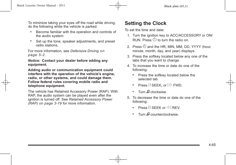 Setting the clock, Setting the clock -65 | Buick 2011 Lucerne User Manual | Page 221 / 446
