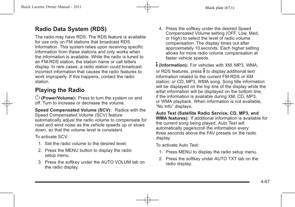 Radio data system (rds), Playing the radio o | Buick 2011 Lucerne User Manual | Page 223 / 446