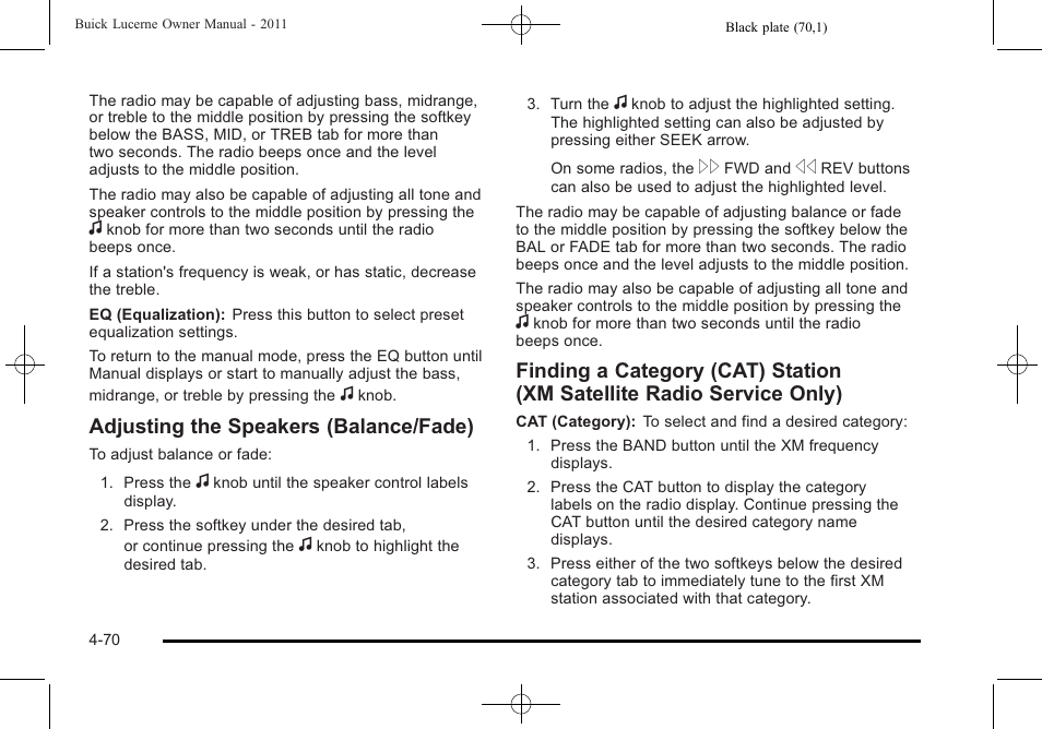 Adjusting the speakers (balance/fade) | Buick 2011 Lucerne User Manual | Page 226 / 446