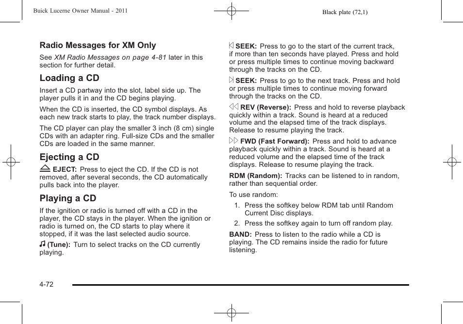 Loading a cd, Ejecting a cd z, Playing a cd | Buick 2011 Lucerne User Manual | Page 228 / 446