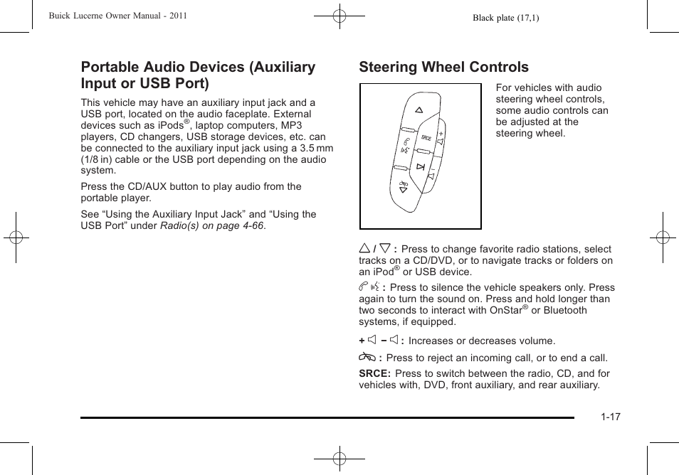 Steering wheel controls, Portable audio devices (auxiliary input or, Usb port) -17 | Steering wheel controls -17 | Buick 2011 Lucerne User Manual | Page 23 / 446