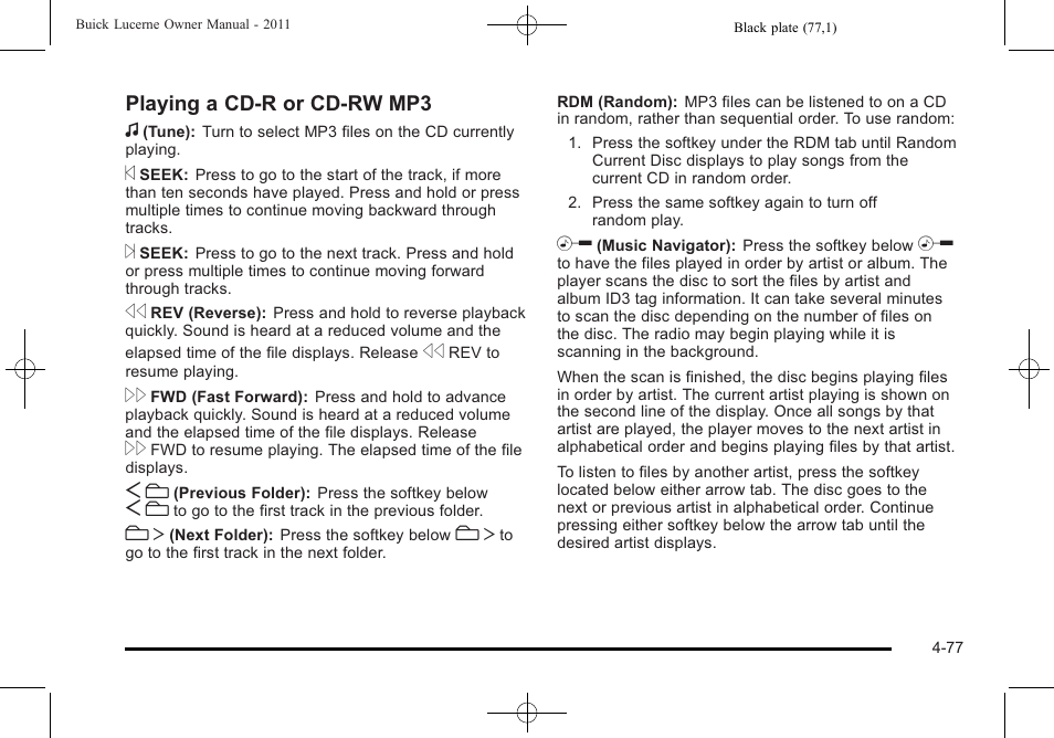 Playing a cd-r or cd-rw mp3 f | Buick 2011 Lucerne User Manual | Page 233 / 446