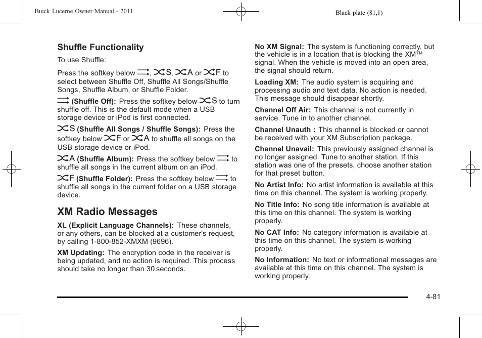 Xm radio messages, Xm radio messages -81 | Buick 2011 Lucerne User Manual | Page 237 / 446