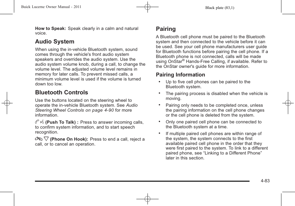 Audio system, Bluetooth controls, Pairing | Buick 2011 Lucerne User Manual | Page 239 / 446