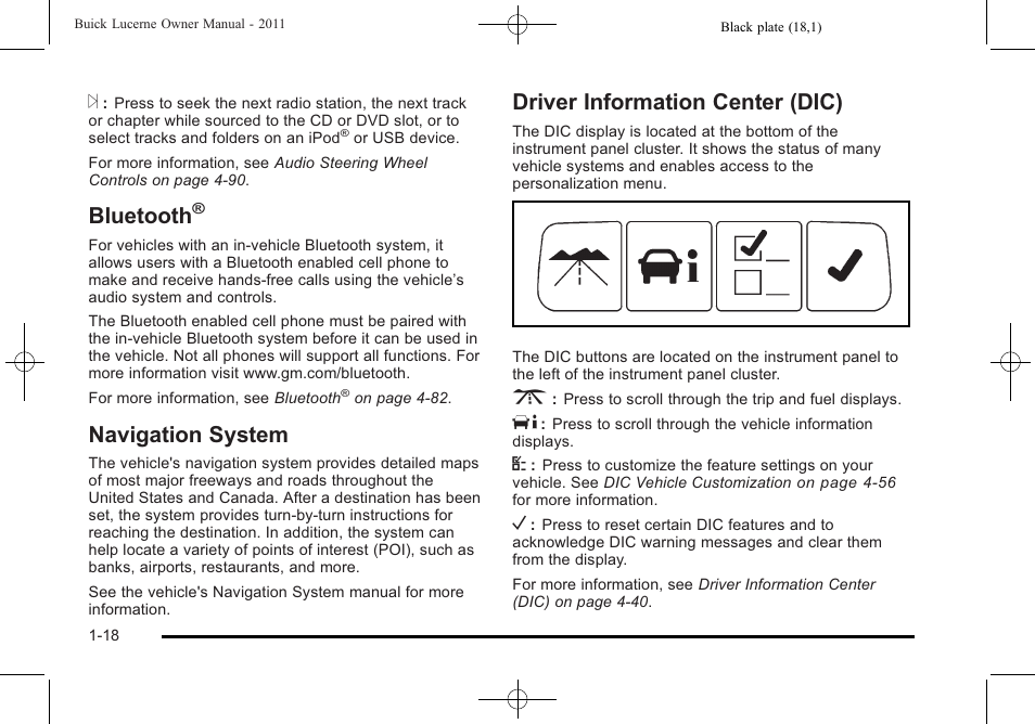 Bluetooth, Navigation system, Driver information center (dic) | System -18 driver information center (dic) -18 | Buick 2011 Lucerne User Manual | Page 24 / 446