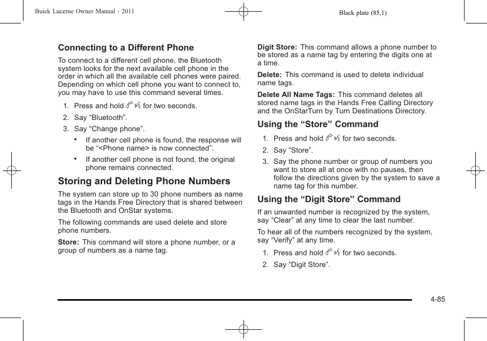 Storing and deleting phone numbers | Buick 2011 Lucerne User Manual | Page 241 / 446