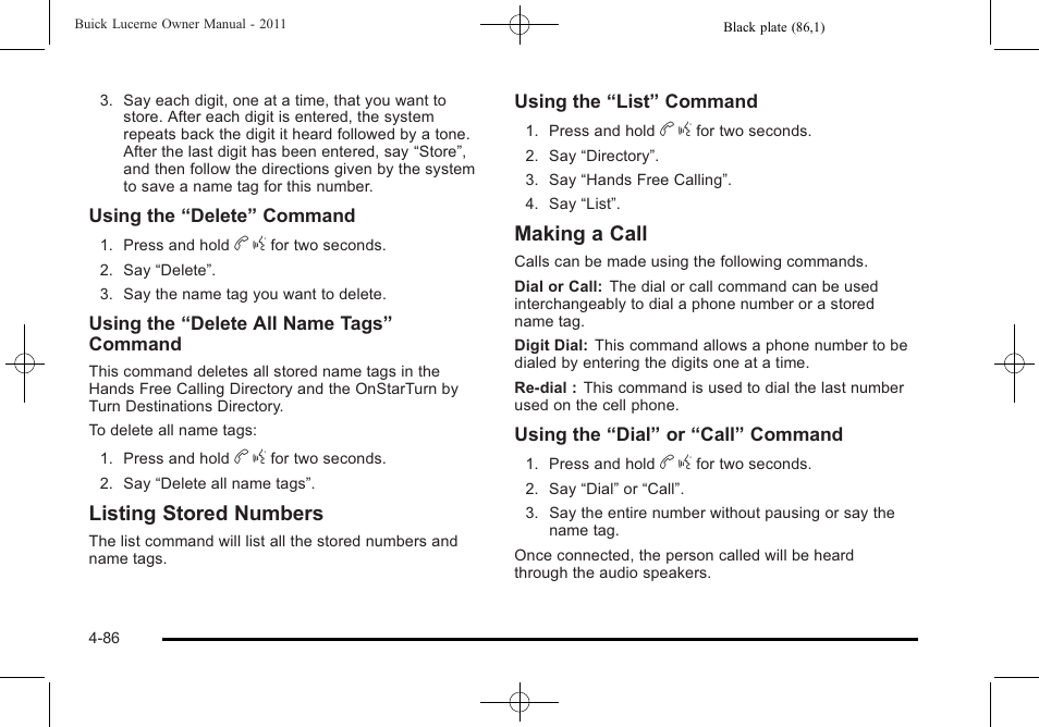 Listing stored numbers, Making a call | Buick 2011 Lucerne User Manual | Page 242 / 446