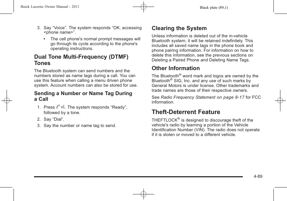 Theft-deterrent feature, Theft-deterrent feature -89, Dual tone multi-frequency (dtmf) tones | Clearing the system, Other information | Buick 2011 Lucerne User Manual | Page 245 / 446
