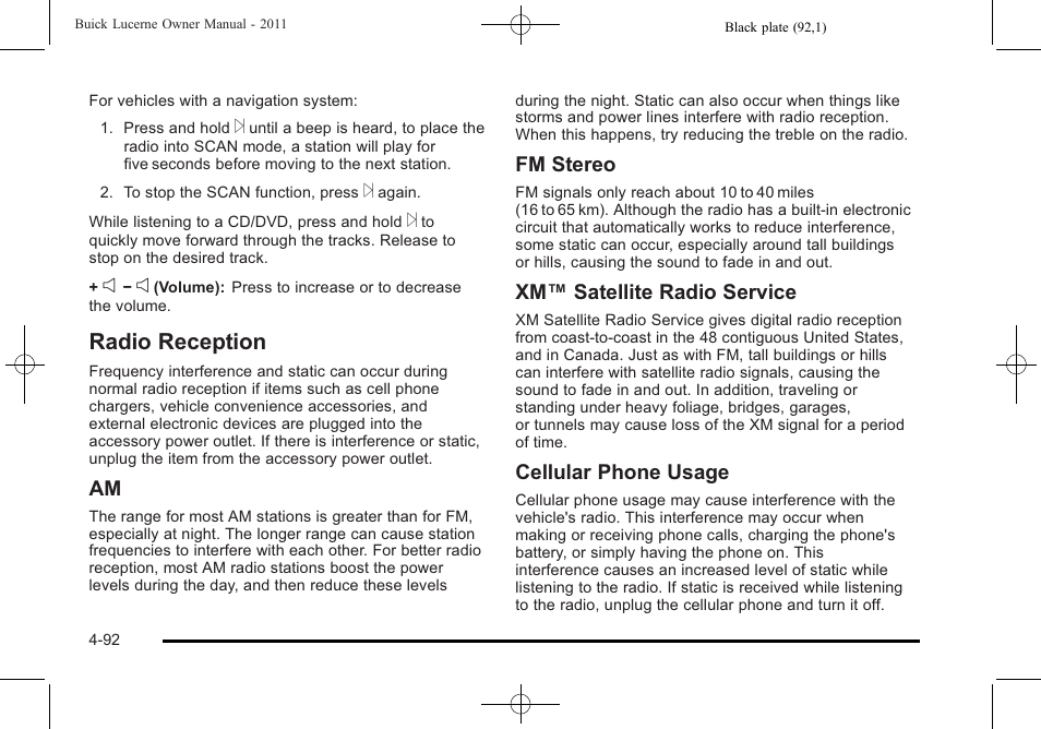 Radio reception, Radio reception -92, Fm stereo | Xm™ satellite radio service, Cellular phone usage | Buick 2011 Lucerne User Manual | Page 248 / 446