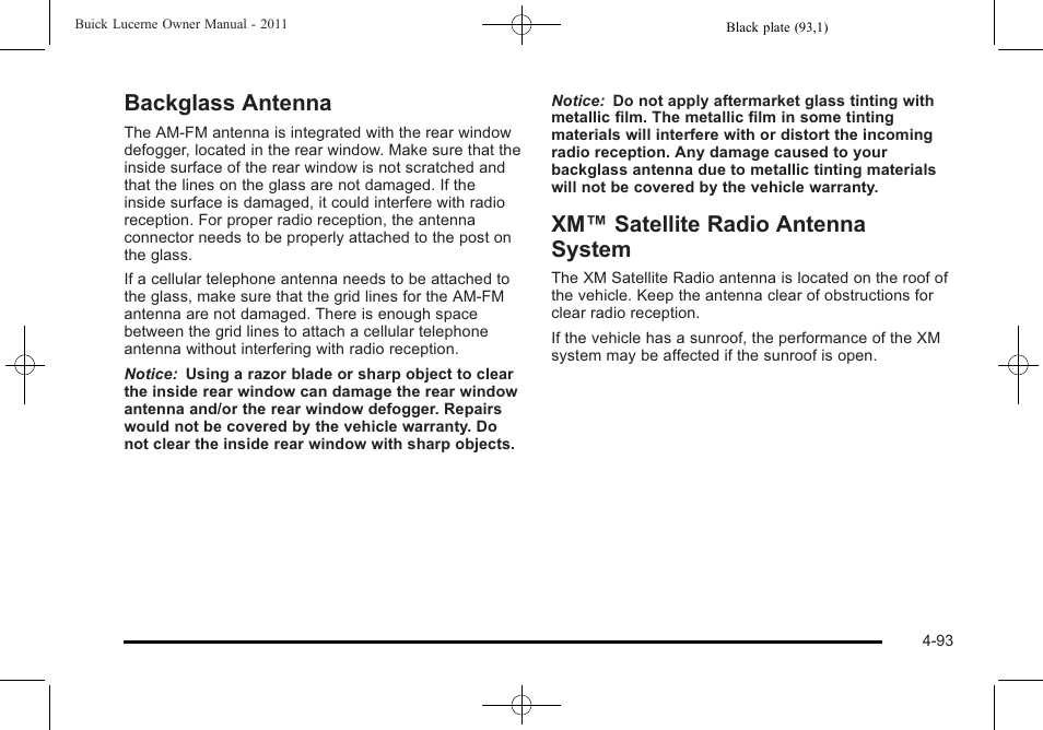 Backglass antenna, Xm satellite radio antenna system, Xm™ satellite radio antenna system | Buick 2011 Lucerne User Manual | Page 249 / 446