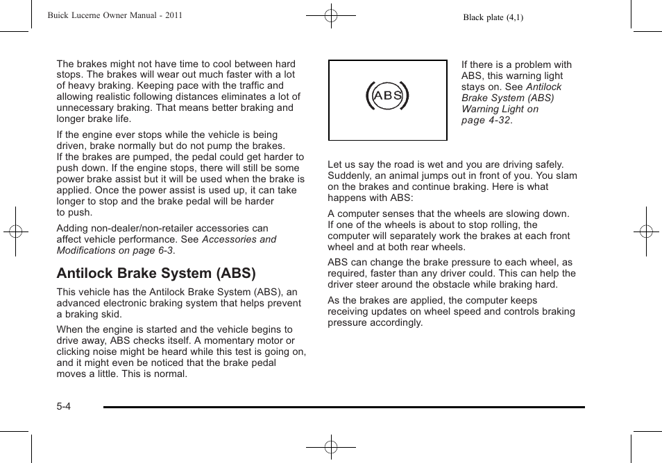 Antilock brake system (abs), Antilock brake system (abs) -4 | Buick 2011 Lucerne User Manual | Page 254 / 446