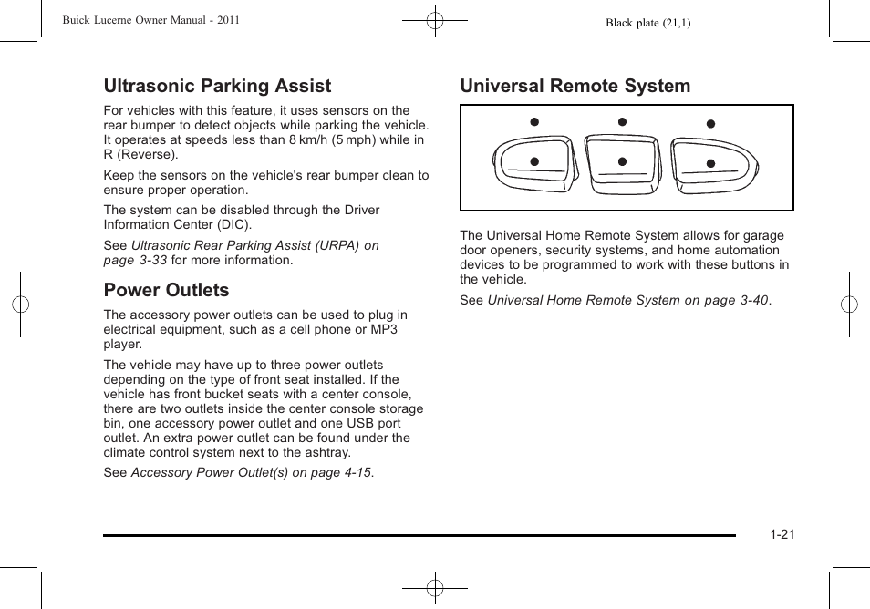 Ultrasonic parking assist, Power outlets, Universal remote system | Buick 2011 Lucerne User Manual | Page 27 / 446