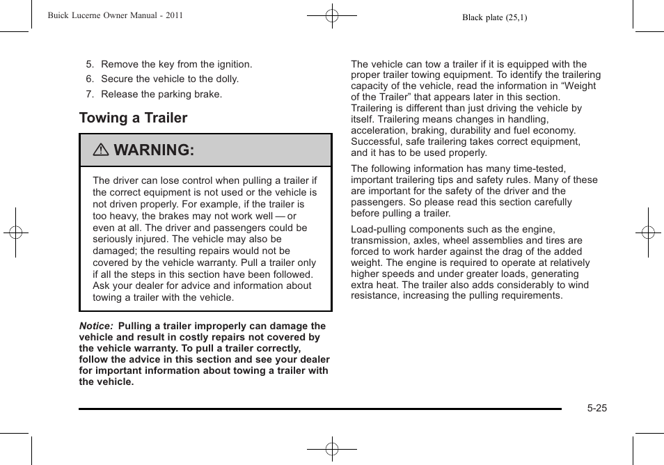 Towing a trailer, Towing a trailer -25, Warning | Buick 2011 Lucerne User Manual | Page 275 / 446