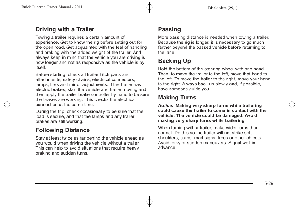 Driving with a trailer, Following distance, Passing | Backing up, Making turns | Buick 2011 Lucerne User Manual | Page 279 / 446