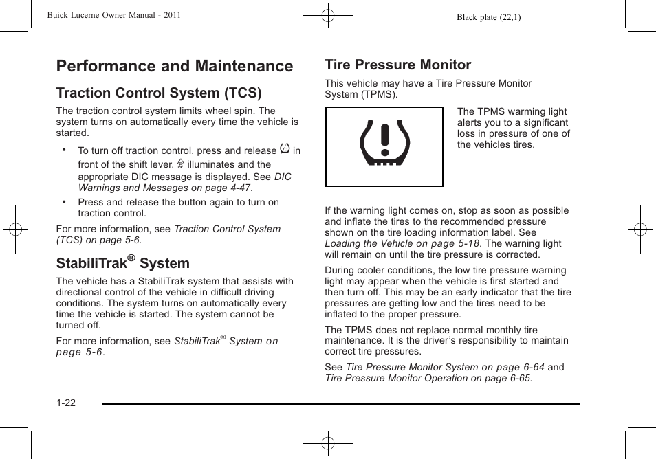 Performance and maintenance, Traction control system (tcs), Stabilitrak® system | Tire pressure monitor, Performance and maintenance -22, Theft-deterrent systems, Traction control system (tcs) -22 stabilitrak, System -22, Tire pressure monitor -22, Stabilitrak | Buick 2011 Lucerne User Manual | Page 28 / 446