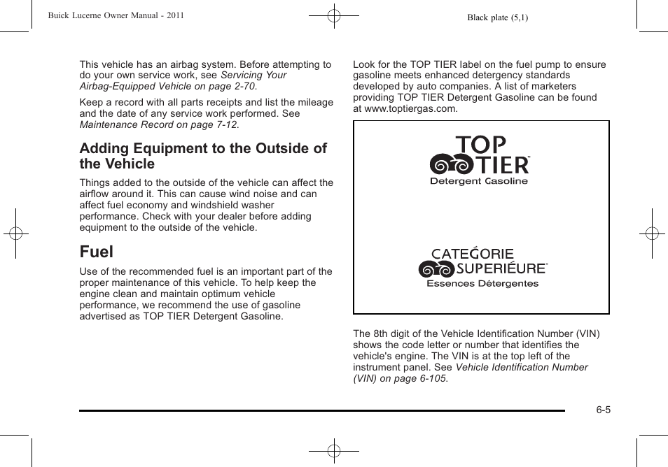 Adding equipment to the outside of the vehicle, Fuel, Fuel -5 | Reporting safety, Adding equipment to the outside of the, Vehicle -5 | Buick 2011 Lucerne User Manual | Page 287 / 446