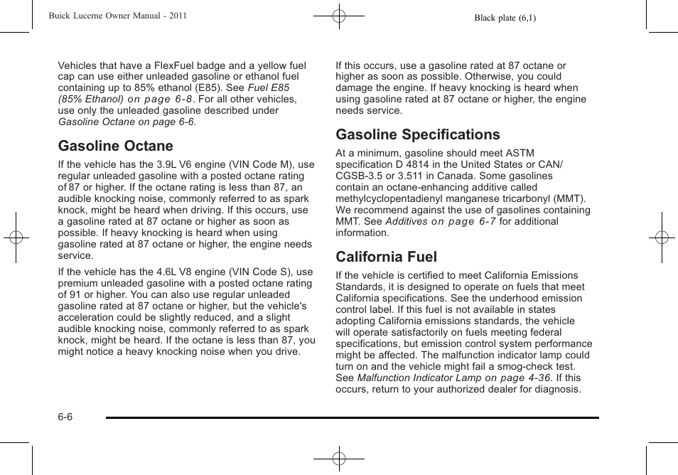 Gasoline octane, Gasoline specifications, California fuel | Buick 2011 Lucerne User Manual | Page 288 / 446